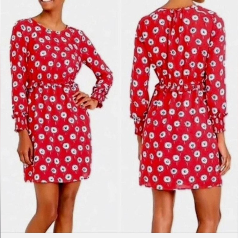 J.Crew Factory Dress Red Blue Floral Mini Size 6 Long Sleeves Lined